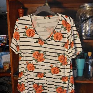 Rose Print Striped V-Neck Women's Top